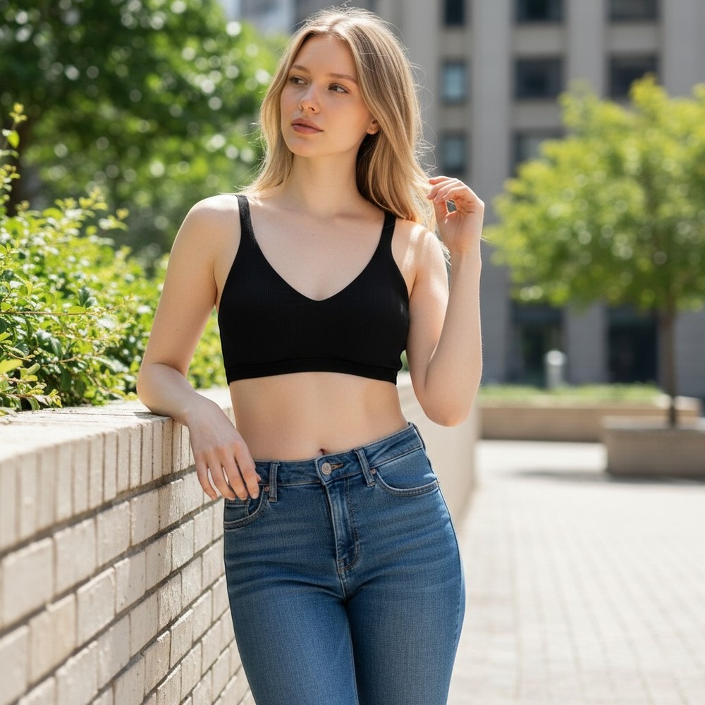 OFFLINE by Aerie‎ Goals Ribbed Sports Bra Women S Black Excellent Strappy Back